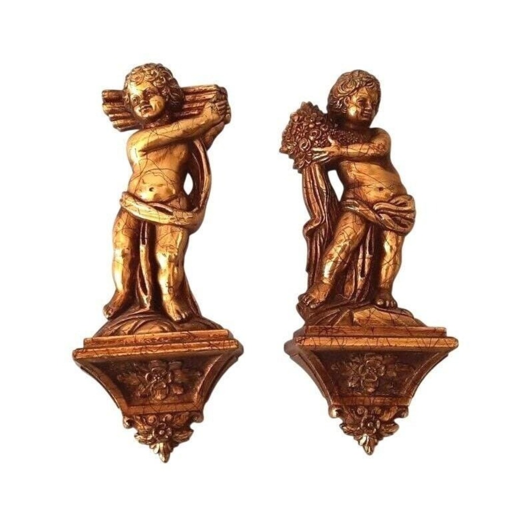 Vintage 1969 Syroco Cherub Angel Wall Sconce Shelves Gold Gilt Pair 7140 USA